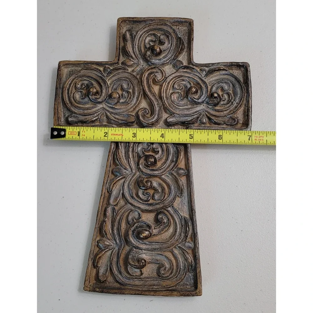 Ornate Scrollwork Wall Cross Bronze Finish Rustic Religious Home Decor 9.5 Inch